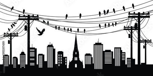 Urban City Skyline Silhouette with Telephone Poles, Power Lines and Birds Perched Overhead, Modern Metropolitan Landscape Vector Illustration Isolated on White Background