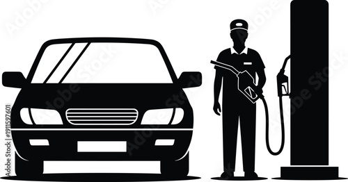Gas station refueling silhouette illustration, fuel pump attendant servicing car, petrol station concept, automotive service, black and white graphic