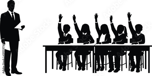 Teacher Standing in Classroom with Students Raising Hands at Desks, Education Concept Silhouette Illustration Isolated on White Background for School Learning and Training Theme