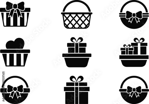 Gift and basket icon set with present boxes, shopping baskets, holiday packaging symbols, minimalist black silhouette vector illustration
