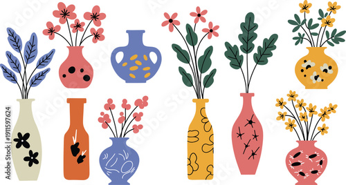 Vintage vector illustration set featuring a decorative green plant with spring flowers in a vase, perfect for a nature pattern design or a holiday Christmas gift