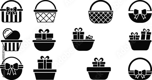 Gift baskets and decorative containers set, present boxes with bows, shopping baskets icons, black silhouette vector illustration