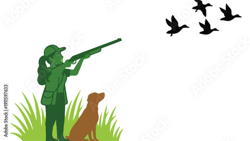 Hunter icon with dog aiming shotgun at flying ducks in grass
