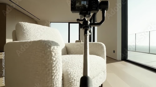 Modern Minimalist Interior With Gimbal Mounted Camera Capturing Soft Sunlight Illuminating White Armchair And Panoramic Windows With Ocean View