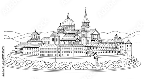 Monumental Architectural Complex vector illustration, Large Religious Building with Domes and Towers