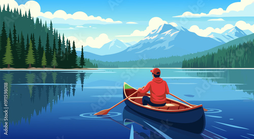 Peaceful vector illustration of a person rowing a canoe on a serene lake, with pine trees and mountains in the background