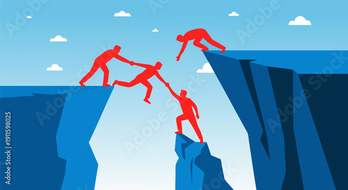 Vector illustration of teamwork and collaboration, helping each other cross a dangerous gap