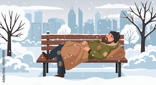 Homeless Man Sleeping on a Park Bench in Winter Snow - Vector Illustration