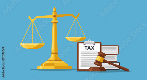 Law and Taxes Vector Illustration with Scales of Justice and Gavel on Blue Background