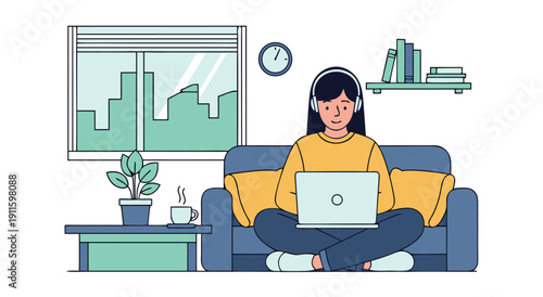 Vector illustration of a young woman with headphones working on a laptop while sitting on a couch at home