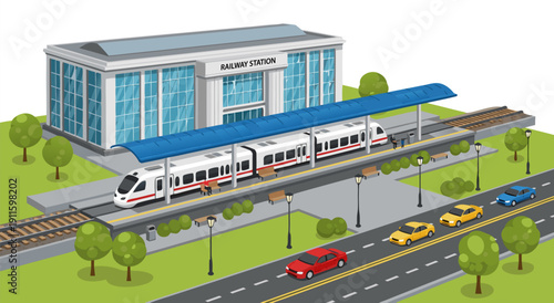 Modern railway station with high-speed train and cars, vector illustration of transportation hub