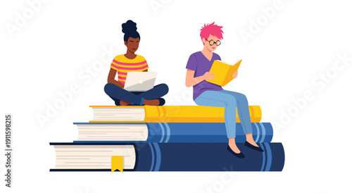 Diverse Students Studying on Stacked Books Vector Illustration Education, Knowledge, and Learning