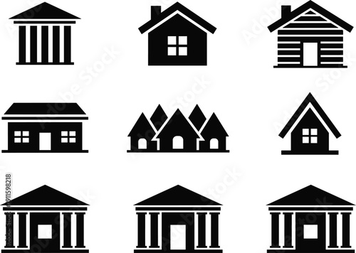 House and building icon set, residential homes and classical architecture symbols, property silhouettes, real estate concepts, minimalist black vector illustration