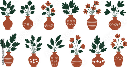 Isolated vector illustration of a decorative set of flowers in pots featuring garden plants, green leaves, and floral botany for holiday nature decoration