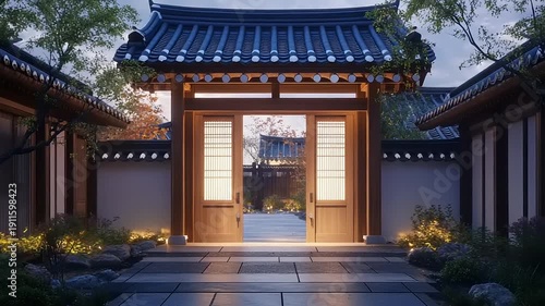 Traditional Asian Temple Entrance at Dusk.