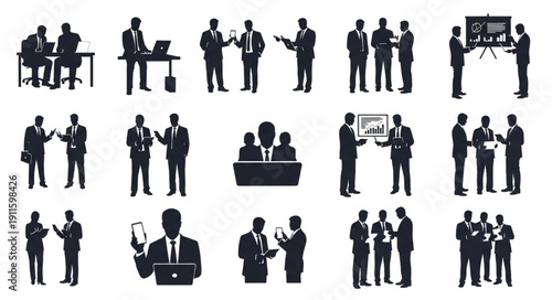 Business meeting silhouettes of people collaborating and discussing ideas.