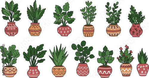 Isolated vector illustration of a decorative set of fresh garden flowers and green leaves in pots with strawberry fruit, herbs, and botanical branches for a nature-themed floral pattern design