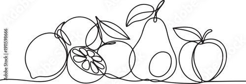 Abstract fruits drawing. Continuous one line art of fruits. Lemon lime mandarin pear peach fruit set.one line icon illustration with white background