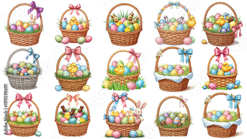 Set of Easter baskets with colorful eggs, cute chicks and bunnies. Watercolor spring holiday collection. Wicker basket decoration with ribbons and bows. Isolated vector illustration clipart.