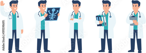 Cartoon Male Doctor Character Set with X Ray Film Clipboard and Medical Gestures Flat Vector Illustration Collection
