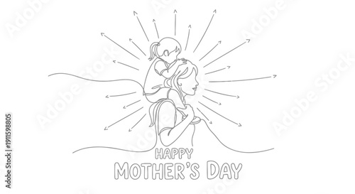 Mother's Day greeting card vector illustration, happy mother and child hug, sunburst design element.