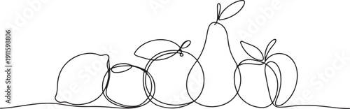 Abstract fruits drawing. Continuous one line art of fruits. Lemon lime mandarin pear peach fruit set.one line icon illustration with white background