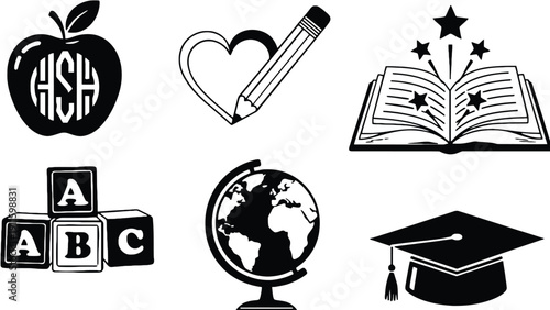Education icons set including apple, pencil, book and graduation cap vector