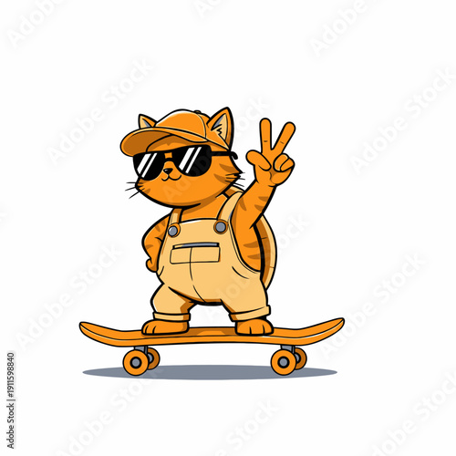 A cool orange tabby cat wearing sunglasses, a cap, and overalls, making a peace sign while skateboarding.