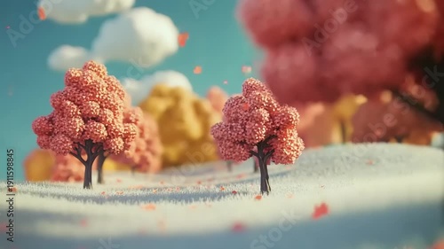 Whimsical Pink Trees Under a Bright Blue Sky with Fluffy Clouds.