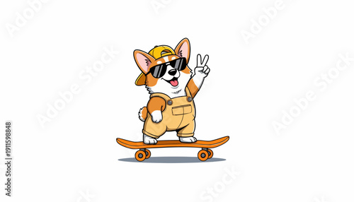 A cool cartoon corgi dog wearing a cap and sunglasses, making a peace sign while riding a skateboard.