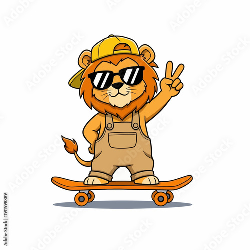 Cute cartoon lion character wearing a cap, sunglasses, and overalls, making a peace sign while riding a skateboard.