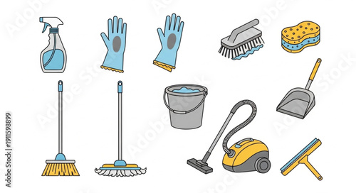 Collection of cleaning supplies and tools for household chores.