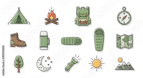 Camping and hiking gear icons for outdoor adventure.