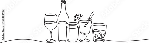 Alcohol drinks in continuous one line drawing.one line icon illustration with white background