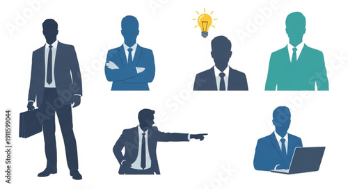 Businessmen Silhouettes Showing Various Poses and Actions.