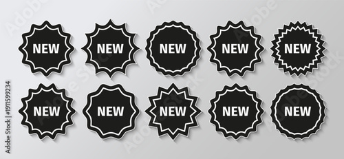 Black product tag labels. New starburst price stickers. Callout star shapes. Discount promo boxes, stamps. Circle splash badges. Set of star bursts isolated on white background. Vector illustration