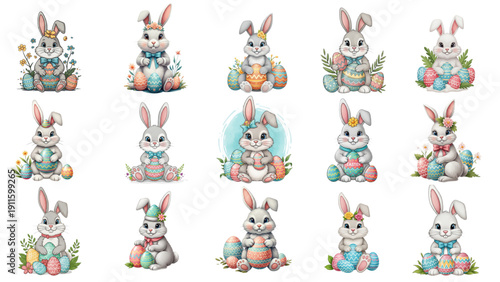 Cute Easter Bunny Collection Vector Set – Kawaii Rabbits Holding Eggs, Carrots and Flowers, Pastel Spring Holiday Cartoon Clipart Bundle, Isolated Characters