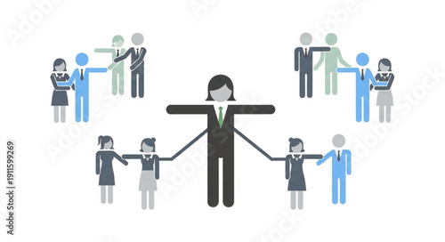 Businesswoman connecting with diverse team members in a network.