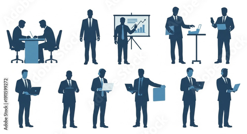 Business professionals in various work situations and poses.