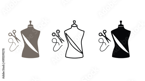 Mannequin icons with scissors for fashion design and tailoring illustration