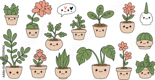 A set of young green plants and flowers in white pots featuring fresh leaves and new growth isolated on a clean background for gardening and botany