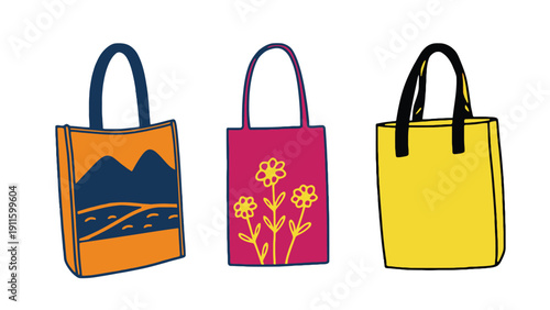 Tote bags with different designs and colors for shopping and daily use
