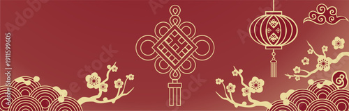 Chinese New Year wide banner with traditional knot, lanterns, and plum blossom. Red and gold oriental vector background with clouds and wave patterns for Lunar New Year celebration