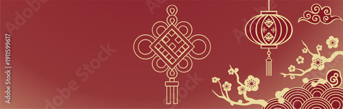 Chinese New Year wide banner with traditional knot, lanterns, and plum blossom. Red and gold oriental vector background with clouds and wave patterns for Lunar New Year celebration