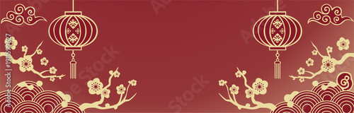 Chinese New Year wide banner with traditional knot, lanterns, and plum blossom. Red and gold oriental vector background with clouds and wave patterns for Lunar New Year celebration
