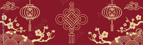 Chinese New Year wide banner with traditional knot, lanterns, and plum blossom. Red and gold oriental vector background with clouds and wave patterns for Lunar New Year celebration
