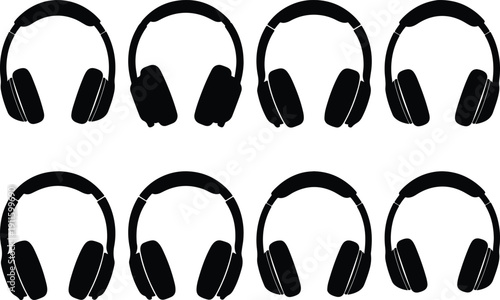 Set of eight different black headphone silhouettes on white