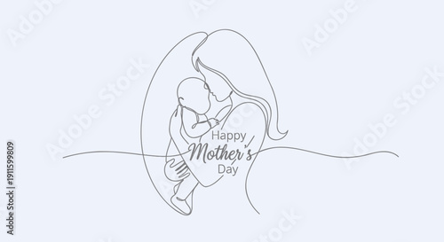 Mother's Day line art illustration of mother and child, Happy Mother's Day text, minimalist vector design