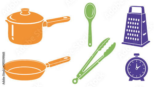 Kitchen utensils and cookware icon set for cooking and recipe design