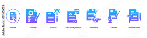 Business Contract web banner featuring Renewal, Planning, Contract, Franchise Agreement, Agreement, Contract, and Legal Document for effective legal and business agreements.